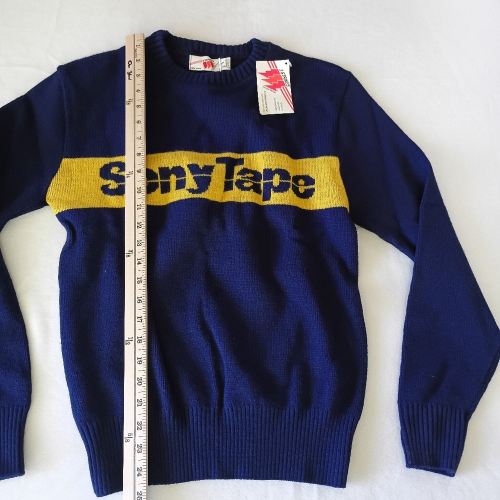 VINTAGE w/tag 1980's Extremely Rare Navy yellow Sony Tape knitted Sweater Size S - Picture 11 of 14